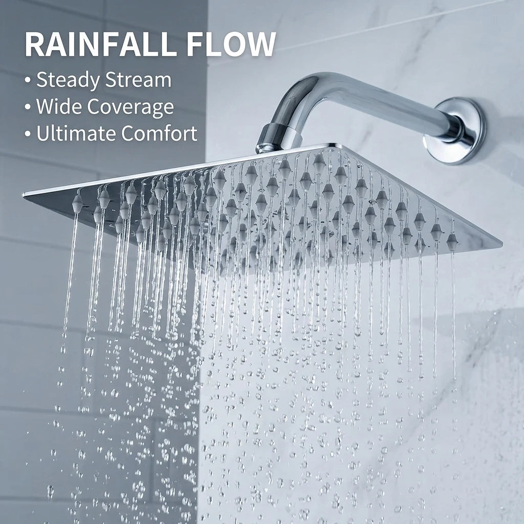 Square rain shower head, high-pressure ultra-thin modern design, waterfall style full body coverage, silicone nozzle