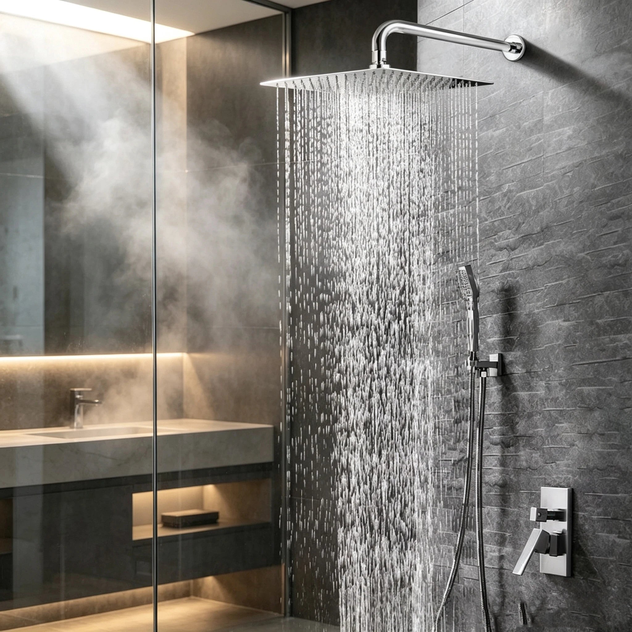 Square rain shower head, high-pressure ultra-thin modern design, waterfall style full body coverage, silicone nozzle