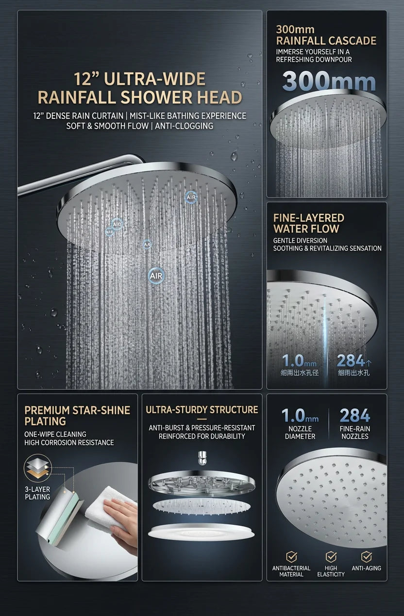12 Inch Rainfall Shower Head, Large Round High Pressure Top Sprayer, Air Pressurized Water Saving Showerhead for Bathroom SPA