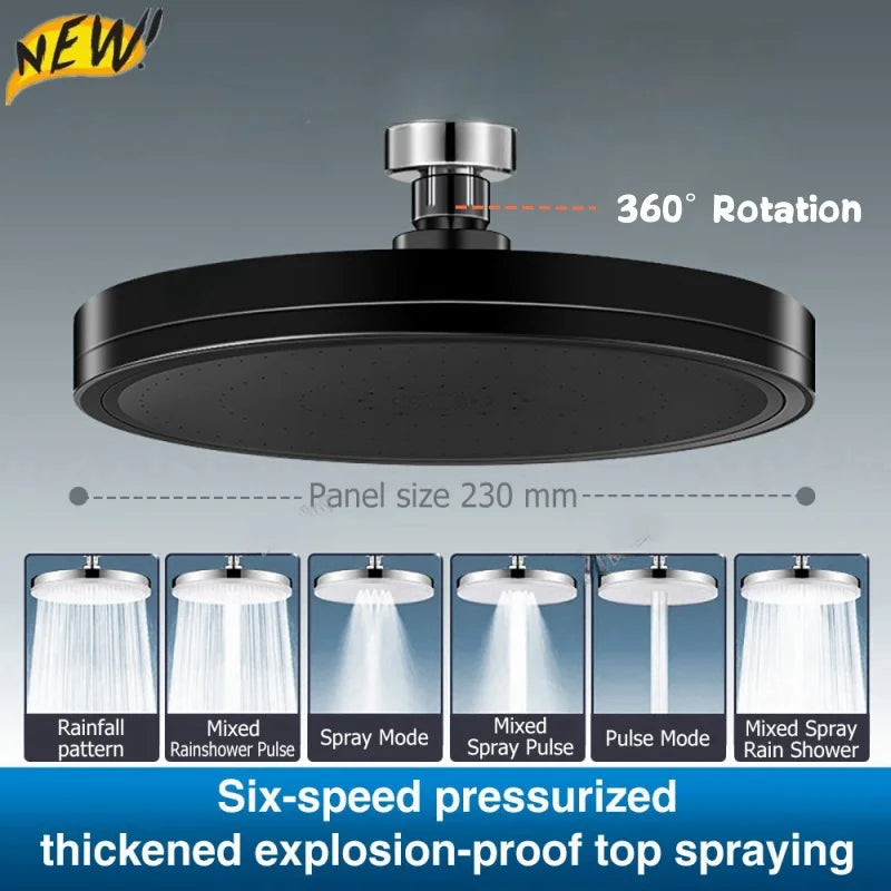 New 6 Modes Large Flow Supercharge Rainfall Shower Head 230mm Round High Pressure Top Spray Rain Showerhead Bathroom Accessories