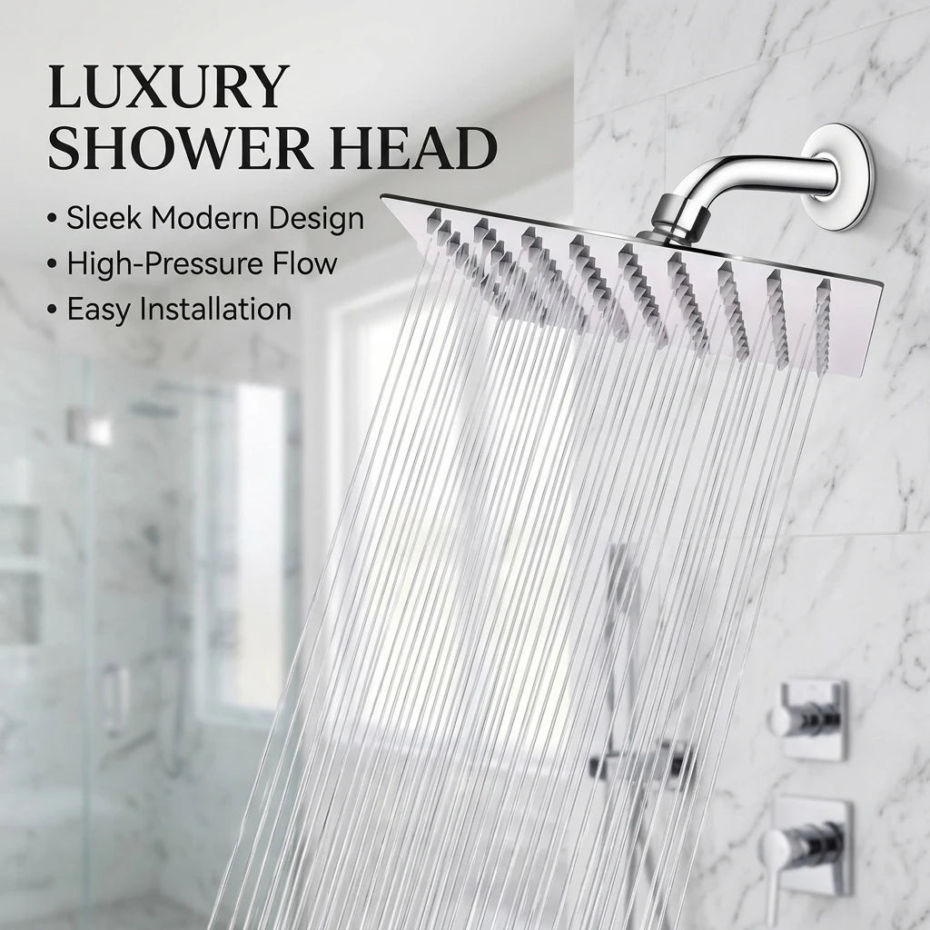 Square rain shower head, high-pressure ultra-thin modern design, waterfall style full body coverage, silicone nozzle