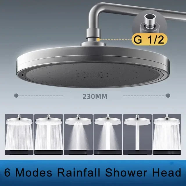 New 6 Modes Large Flow Supercharge Rainfall Shower Head 230mm Round High Pressure Top Spray Rain Showerhead Bathroom Accessories